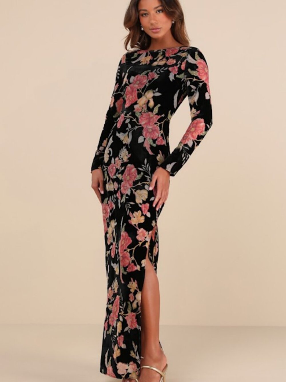 Lulus Glorious Aura Black Velvet Floral Burnout Long Sleeve Maxi Dress XS